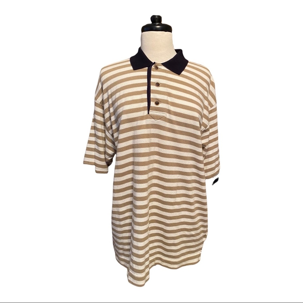 Vintage Cutter & Buck Tan & White Stripes Golf Polo Shirt Grande Vista Mens Sz S